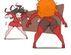 2girls big_hair black_hair boots business_suit catfight curly_hair elbow_gloves evil_smile fight fishnet_legwear full_body ginger gloves high_heel_boots high_heels huge_ass open_mouth orange_hair pantyhose powerpuff_girls prehensile_hair red_boots red_footwear red_jacket red_skirt sara_bellum sara_bellum_(cosplay) sedusa sedusa_(cosplay) simple_background skirt_suit smile standing thigh_boots tomphelippe white_background white_skin