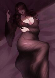 bed elyunae huge_breasts large_areolae nipple_bulge see-through transparent_clothing