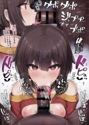 :>= bare_shoulders blowjob_face breasts brown_hair censor_bar censored choker comic cum cum_bubble cum_in_mouth dark-skinned_male fellatio femsub hiiro_h japanese_text kono_subarashii_sekai_ni_shukufuku_wo! long_tongue looking_at_viewer maledom megumin nipples oral pov red_eyes shirt_lift short_hair sloppy_blowjob small_breasts tongue tongue_out translation_request