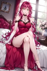 ai_generated bare_legs big_breasts cleavage crossed_legs dress earrings female flower gloves green_eyes high_heels indoors long_hair necklace nfkk_(artist) penelope_eckhart red_dress red_hair sitting villains_are_destined_to_die