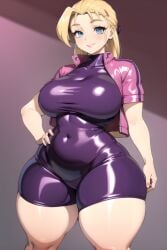 1girls ai_generated big_breasts blonde_hair blue_eyes breasts daidouji_(artist) daidoujipv female history's_strongest_disciple_kenichi long_hair looking_at_viewer miu_furinji shijou_saikyou_no_deshi_ken'ichi shiny_clothes solo thick_thighs thighs