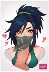 ai_generated akali akali_jhomen_tethi balls bangs bare_shoulders black_hair blowjob blowjob_under_mask blush blushing_at_viewer bobartnsfw cleavage_cutout crop_top fellatio fellatio_under_mask fellatio_under_veil green_scrunchie hair_between_eyes hair_scrunchie heart heart-shaped_pupils hearts_around_head huge_cock large_penis league_of_legends league_of_legends:_wild_rift mask masked medium_breasts ninja ninja_mask ponytail scrunchie short_hair shoulder_tattoo simple_background stable_diffusion symbol-shaped_pupils tattoo testicles transparent_clothing veil watermark