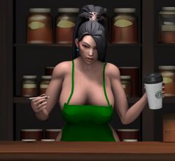 1girls 3d 3d_model angry angry_face apron apron_only barista big_breasts black_hair brown_eyes coffee coffee_mug coffee_shop cup eye_contact female female_only girl iced_latte_with_breast_milk ling_ying_wei naked_apron only_female ponytail pov riot_games sage_(valorant) sfm source_filmmaker starbucks valorant