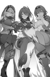 3girls acheron_(honkai:_star_rail) big_breasts black_swan_(honkai:_star_rail) blush boots breasts clothed clothing crossed_arms detached_sleeves dominant_female eyewear_on_head feet female female_only femdom footwear from_below gloves hair_between_eyes hair_over_one_eye high_heels honkai:_star_rail honkai_(series) jacket kafka_(honkai:_star_rail) leg_up long_hair looking_at_viewer monochrome multiple_girls pantyhose pantyhose_under_shorts pleasure_face shirt shoes short_shorts shorts simple_background smile standing standing_on_one_leg takai_isshiki thick_thighs thighs white_background wide_hips