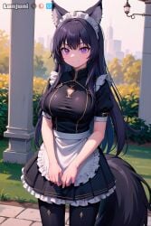 1girls ai_generated big_breasts black_hair black_pantyhose blush breasts cute dark_hair delta_(the_eminence_in_shadow) detailed eyebrows_visible_through_hair fangs female female_only front_view garden hair_between_eyes highres kage_no_jitsuryokusha_ni_naritakute! large_breasts light-skinned_female light_skin long_hair looking_at_viewer lunjuni maid maid_dress maid_headdress maid_uniform outdoors skirt smile solo stable_diffusion standing tagme tail the_eminence_in_shadow thick_thighs violet_eyes watermark wolf_girl