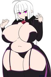 1girls alphaerasure ass breasts calamity_(alphaerasure) chubby chubby_female clothed demon_girl female female_only huge_ass huge_breasts purple_eyes slightly_chubby standing stockings thick_thighs tight_clothing white_hair wide_hips