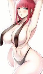 1girls armpit arms_behind_back big_breasts black_thong blush breast_curtains breasts brown_eyes chainsaw_man covered_breasts curvy fit_female huge_breasts looking_at_viewer makima_(chainsaw_man) narrow_shoulders posing red_hair sweat thin_arms thin_waist thong tummy voidmakerz voluptuous