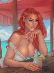 1girls absurdres beach big_breasts biting_lip blue_eyes breasts cleavage female female_only ginger_hair highres large_breasts long_hair looking_at_viewer othalam outdoor outdoors outside red_hair solo