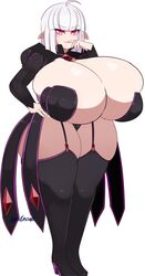 1girls alphaerasure breast_expansion breasts_bigger_than_head calamity_(alphaerasure) chubby clothed demon_girl female female_only gigantic_breasts huge_ass pink_eyes slightly_chubby solo standing stockings thick_thighs tight_clothing white_hair