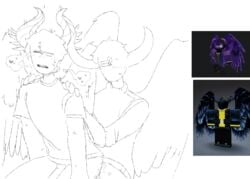 2boys anal anal_sex ass bottomless closed_eyes cum cum_in_ass from_behind gay grabbing grabbing_from_behind hands_on_shoulders hearts horns long_sleeves male male/male male_only male_penetrated male_penetrating male_penetrating_male open_mouth penis pleasure_face reference_image rhylix roblox roblox_avatar robloxian self_upload shirt short_hair short_sleeves simple_background sitting sitting_on_penis sketch sleeves sweat t-shirt white_background wings yaoi