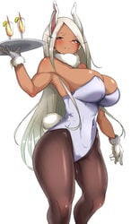 1girls animal_ears black_legwear blush breasts bunny_ears bunny_tail bunnysuit cleavage covered_navel cup dark-skinned_female dark_skin female female_only high_resolution hyuuman long_hair looking_at_viewer miruko my_hero_academia pantyhose purple_eyes rumi_usagiyama simple_background smile solo tail tanned tray very_long_hair white_background