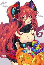 1girls areolae breasts candy cleavage dragalia_lost elbow_gloves female female_only food gloves halloween lollipop long_hair looking_at_viewer mym nipples orange_eyes queenashii red_hair smile solo topless very_long_hair