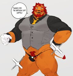 1boy 2020 animal_crossing anthro ass balls beard biceps blush clothed clothing dress_shirt english_text facial_hair felid flaccid genitals gloves handwear hi_res lion looking_at_viewer male male_only mammal moustache muscular muscular_anthro muscular_male navel necktie nintendo pantherine pecs penis penis_base pubes rory_(animal_crossing) shirt skimpy small_balls small_penis smile solo sparkles speech_bubble text thong topwear tora_gy underwear video_games