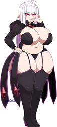 1girls alphaerasure belly big_belly big_breasts breasts calamity_(alphaerasure) chubby chubby_female cleavage clothed demon_girl female female_only garter_straps huge_ass huge_breasts long_hair pointy_ears purple_eyes red_eyes slightly_chubby smug standing stockings thick_thighs thighhighs thighs tight_clothing watermark white_hair