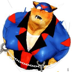 anthro bara blush bodily_fluids breathing chains chance_furlong domestic_cat drooling felid feline felis hanna-barbera looking_pleasured low_res male male_only mammal mask muscular muscular_anthro muscular_male nipple_chain nipple_piercing nipple_ring nipples pecs piercing saliva solo swat_kats tora_gy