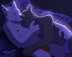 2019 2boys animated anthro anthro_on_anthro arm_around_partner artist_signature bed bulge canine closed_eyes cuddling deckerwolf furry furry_only gay grey_fur happy night nipples smiling underwear white_fur wholesome wolf