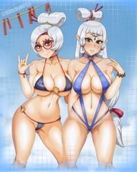 2girls absurd_res age_of_calamity big_breasts bikini blush brown_hair female female_only glasses glitchynpc hair_ornament high_resolution hyrule_warriors:_age_of_calamity impa impa_(age_of_calamity) large_breasts long_hair micro_bikini nintendo pale-skinned_female pale_skin purah purah_(tears_of_the_kingdom) revealing_clothes sling_bikini smile tears_of_the_kingdom the_legend_of_zelda thick_thighs thighs white_hair