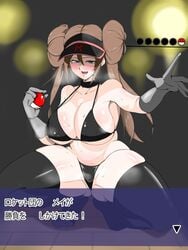 1girls big_breasts blue_eyes blush brown_hair cap choker enemy_conversion female gameplay_mechanics gloves hat high_heel_boots holding_poke_ball huge_breasts kia-shi large_breasts long_hair nintendo poke_ball pokemon pokemon_battle pokemon_bw2 ponytail rosa_(pokemon) squatting sweat team_rocket text thick_thighs thigh_gap thighs thong tongue_out translation_request