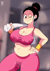 1girls 2020 androjuniarto big_breasts black_hair chichi chubby_female cleavage cosplay dragon_ball dragon_ball_super dragon_ball_z edit female female_only gym_clothes kefla_(cosplay) milf pink_bra pink_legwear pink_shirt slightly_chubby solo sweat sweat_stain sweatdrop sweaty sweaty_breasts thick_thighs tied_hair tight_clothing tight_fit towel towel_on_shoulder workout_clothes yellow_wristband