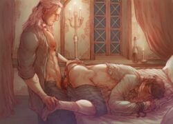 2boys anal anal_sex ass bare_chest bed bondage bound bound_wrists candlelight candles cd_projekt_red censored chest_hair erection facial_hair gag gagged gay geralt_of_rivia jaskier_(the_witcher) lehanan long_hair long_hair_male male male_only muscular_male partially_clothed penis scars soft_shading the_witcher the_witcher_(netflix) the_witcher_(series) the_witcher_2 the_witcher_3:_wild_hunt white_hair yaoi