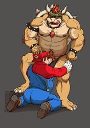 2020 2boys anthro ass bottomwear bowser clothing duo full_body gay genitals grey_background hairy hairy_male hat headgear headwear hi_res humanoid_hands kemono koopa kounfuyu male male/male male_only mario mario_(series) multiple_boys nintendo oral pants penis pubes scalie shirt simple_background slightly_chubby tongue tongue_out topwear underwear video_games yaoi