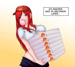 1girls big_breasts bleedor bleedoranimation commission english_text erza_scarlet fairy_tail female female_only human patreon pizza pizza_delivery red_hair slq solo text