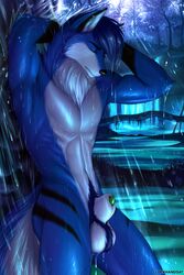 absurd_res animal_genitalia anthro aozora_yoru balls blue_body blue_fur canid canine canis clockhands closed_eyes forest fur genitals hi_res male male_only mammal nude penis penis_tip sheath solo stripes tree water waterfall wet wet_body wet_fur white_body white_fur wolf