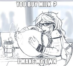 breast_grab breasts coffee female glasses hipster huge_breasts impact_(font) lactation laptop long_breasts looking_at_viewer milk nipples puffy_nipples ryohjiheavyindustry sketch smiling