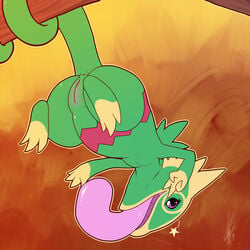 2020 3_toes 4_fingers anthro big_tongue digital_media_(artwork) female fingers genitals green_body hanging_from_branch hi_res kecleon long_tongue nintendo nude open_mouth pokémon_(species) pokemon purple_eyes pussy scalie shikaro simple_background smile solo toes tongue tongue_out upside-down video_games