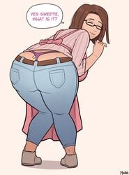 1girls ass ass_focus bent_over big_ass brown_hair closed_eyes dialogue english_text female female_only gentle_mommy glasses heart-shaped_butt looking_back mare_ten speech_bubble thong whale_tail