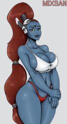 1girls 4_fingers alien_girl blue_skin breasts commander_shadowsun female female_only highleg highleg_thong large_breasts no_bra no_bra_under_clothes red_eyebrows red_hair red_thong romman08 sideboob solo solo_female tau thong warhammer_(franchise) warhammer_40k