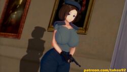 1girls 3d 3d_(artwork) big_breasts blue_eyes brown_hair busty clothing curvaceous curvy female female_focus female_only fingerless_gloves firearm gun handgun hat headwear holding_weapon huge_breasts human jill_valentine jill_valentine_(sasha_zotova) koikatsu large_breasts looking_at_viewer no_eyewear pale_skin patreon pinup pose resident_evil resident_evil_remake revolver shadow short_hair shoulder_pads solo standing takeo92 text thick_thighs tight_clothing uniform weapon wide_hips