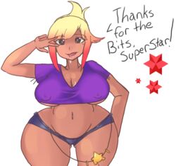 bimbo blonde_hair booty_shorts bouncing_breasts brown_eyes cleavage covered_breasts drooling heart-shaped_pupils humanized hungry_luma luma mario_(series) multicolored_hair nintendo nipples_visible_through_clothing nsfw_flur peace_sign red_hair simple_background super_mario_galaxy t-shirt text thick_thighs tongue tongue_out underboob white_background wide_hips