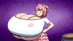 1girls alternate_breast_size breast_expansion breasts breasts_bigger_than_head cleavage cleavage_cutout doki_doki_literature_club enormous_breasts female_only hyper hyper_breasts magic natsuki_(doki_doki_literature_club) pink_hair pink_skirt proud short_hair skirt smile topwear underboob white_topwear ydbunny