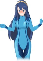 blue_eyes blue_hair blush body_swap bodysuit breasts embarrassed fire_emblem fire_emblem_awakening head_swap looking_down lucina_(fire_emblem) matching_hair/eyes metroid samus_aran_(cosplay) transparent_background unbarred-sin very_long_hair wide_hips zero_suit