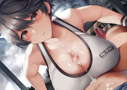 1boy 1girls belko between_breasts big_breasts black_hair blush bra branded_clothes breasts brown_eyes censored censored_penis close-up clothed clothed_female clothed_male clothed_male_clothed_female clothes clothing crop_top cum cum_on_body cum_on_breasts cum_on_upper_body eyelashes female fit fit_female handsfree_paizuri large_breasts lolicept looking_at_viewer male mosaic_censoring no_bra nude_male open_mouth original original_character outdoors outercourse outside paizuri paizuri_under_clothes penis pov raining raised_eyebrows shaking shaking_legs shiny shiny_hair shiny_skin shirt short_hair sports_bra sweat tip tip_peeking tits watermark wet wrist_cuffs wristband