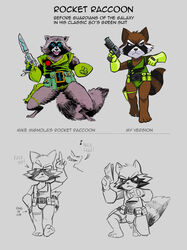 4_toes anthro bulge disney feet gloves guardians_of_the_galaxy hi_res impximon leotard male male/male male_only marvel raccoon rocket_raccoon rocket_raccoon_(original_green_outfit) soles text toes