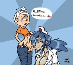 blue_hair crossover fellatio freckles lincoln_loud nessvii red_eyes skullgirls straight_hair the_loud_house unusual_pupils valentine_(skullgirls) white_hair