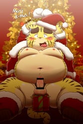 2016 absurd_res anthro balls belly blush bound christmas christmas_tree clothing debudave_12 erection felid genitals gift hat headgear headwear hi_res holidays humanoid_genitalia humanoid_penis kemono male male_only mammal moobs nipples overweight overweight_anthro overweight_male pantherine penis pubes santa_hat sitting solo tiger tree young