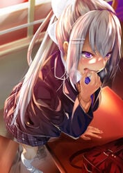 bad_id bangs blazer blush bow breasts cardigan crotch_rub desk eyebrows_visible_through_hair female fumihiko_(pixiv2658856) grey_hair hair_ornament hairbow hairclip highres higuchi_kaede indoors jacket long_hair masturbation mole mole_under_eye nijisanji open_blazer open_clothes open_jacket open_mouth ponytail purple_eyes pussy_juice school_uniform shirt silver_hair skirt skirt_lift solo standing table table_humping very_long_hair virtual_youtuber white_bow