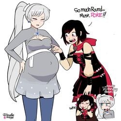 2girls animated belly_poke big_belly big_breasts boob_window breast_poke cleavage gif lewdlemage no_sound pregnant rooster_teeth ruby_rose rwby short_hair tagme text video weiss_schnee yuri