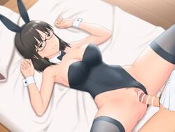 1boy 1girls animated armpits bar_censor bed bed_sheet bouncing_breasts breasts brown_hair bunny_costume bunny_ears bunny_girl bunnysuit censored clothed clothed_sex clothing collar detached_sleeves eyebrows fake_animal_ears glasses kurokaji leotard leotard_aside looking_at_partner lying_down megane missionary_position on_back penis pillow pubic_hair pussy ribbon sex short_hair shorter_than_30_seconds spread_legs stockings tagme thighhighs vagina vaginal vaginal_insertion vaginal_penetration video white_shirt