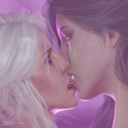 1girls 3d ass blender blonde_hair bobvolskiy brown_hair cd_projekt_red ciri closed_eyes female female_only kissing love the_witcher_(series) the_witcher_3:_wild_hunt yennefer yuri