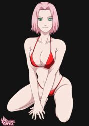 1girls bare_arms bare_shoulders barefoot bikini bikini_bottom bikini_top busty cleavage closed_eyes clothing ecchigrill female female_only green_eyes legs looking_at_viewer naruto naruto_(series) naruto_shippuden pale-skinned_female pale_skin panties pink_hair red_bikini red_panties red_swimsuit revealing_clothes sakura_haruno short_hair sideboob sitting smile smiling solo solo_female solo_focus squatting swimsuit thighs voluptuous wide_hips