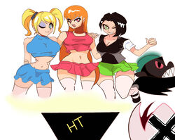 3girls anthro black_hair blonde_hair blossom_(powerpuff_girls) bob_cut breasts bubbles_(powerpuff_girls) buttercup_(powerpuff_girls) cartoon_network eyeshadow female hair hourglass_figure hugotaker legs mojo_jojo powerpuff_girls red_hair skirt smile stockings wink