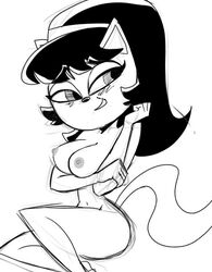 accessory anthro aunt_maire big_breasts black_hair breasts domestic_cat drpizzaboi1 edit felid feline felis female hair headband hi_res kitty_katswell mammal monochrome nickelodeon nipples nude simple_background sketch solo t.u.f.f._puppy thick_thighs white_background