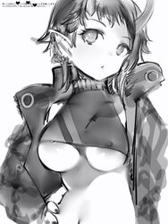 1girls :o areola_slip areolae black_nails breasts earrings female female_only front_view halterneck hand_on_hip highres horns humanoid jacket large_breasts looking_to_the_side midriff monochrome nail_polish nanashi_(nlo74593630) nanashi_inc. navel nipple_bulge nipple_slip nipples open_jacket pointy_ears punk rene_ryugasaki ryugasaki_rene short_hair simple_background sketch solo sugar_lyric underboob upper_body virtual_youtuber white_background