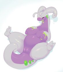 2020 2_fingers 2_toes absurd_res antennae_(anatomy) anthro areola belly big_breasts blush breasts closed_eyes curled_tail dripping female fingers full-length_portrait genitals goodra hand_on_breast hi_res huge_breasts inverted_nipples long_neck lying moba_(artist) multicolored_body nintendo nipples nude on_back pokémon_(species) pokemon pokemon_(species) pokephilia portrait purple_body pussy slime solo spread_legs spreading thick_thighs toes two_tone_body video_games white_background white_body