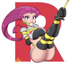 1girls ass big_ass big_breasts blue_eyes bondage boots breasts earrings eye_contact female female_focus gag hands_behind_back high_heel_boots jessie_(pokemon) long_hair looking_at_viewer mouth_gag nintendo pale-skinned_female pale_skin pokemon purple_hair red_hair solo solo_focus tbsp-art team_rocket thick_lips thick_thighs thigh_boots thighs tied tied_hands