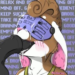 ambiguous_gender animal_genitalia animal_penis anthro background_text balls blush bodily_fluids brown_body brown_fur cel_shading clothed clothing cum cum_drip cum_on_face dripping drone ears_back equine_penis erection fellatio fur genital_fluids genitals gradient_background hair hi_res hypnosis hypnotic_visor lagomorph leporid mammal mind_control miramore neck_bulge open_mouth oral oral_penetration penetration penile penis pivoted_ears rabbit sex shirt signature simple_background smile solo solo_focus standing submissive text topwear tuft vein veiny_penis visor white_body white_fur